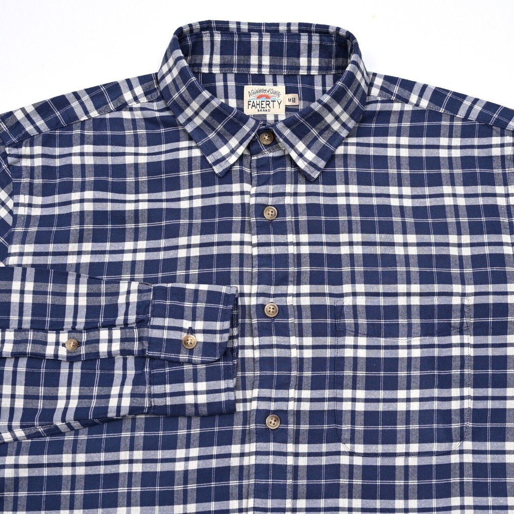 Faherty Shirt Mens Medium Blue Plaid All Time Long Sleeve Button‎ Up Flannel EUC